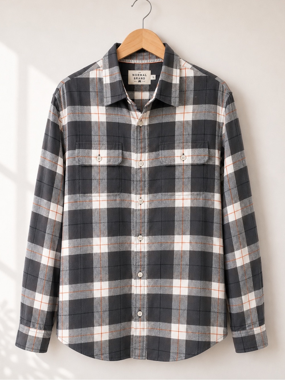 The Normal Brand Men’s Gray/White/Orange Plaid Flannel Button-Up Shirt NWOT